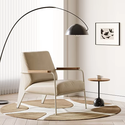 Beige Lounge Chair with Wooden Armrests Floor Lamp Round Side Table Cup and Framed Artwork 3d model
