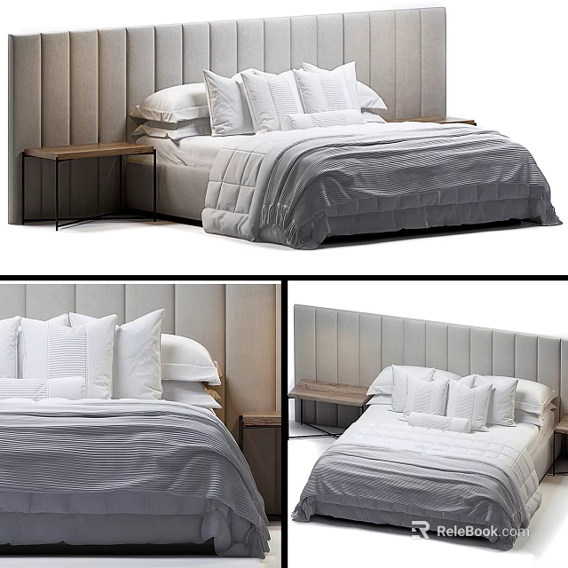 Modern Double Bed Bedroom Interior With Gray Duvet Pillows And Wooden Nightstand 3d model 