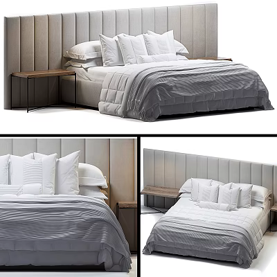 Modern Double Bed Bedroom Interior With Gray Duvet Pillows And Wooden Nightstand 3d model