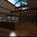 Traditional Rustic Interior Space With Wooden Roof Skylights Stone Walls And Display Counter