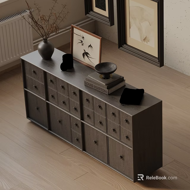 Dark Gray Entryway Cabinet Sideboard With Multiple Drawers Doors And Decorative Vase Frame Bowl Books 3d model 
