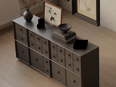 Dark Gray Entryway Cabinet Sideboard With Multiple Drawers Doors And Decorative Vase Frame Bowl Books 3d model