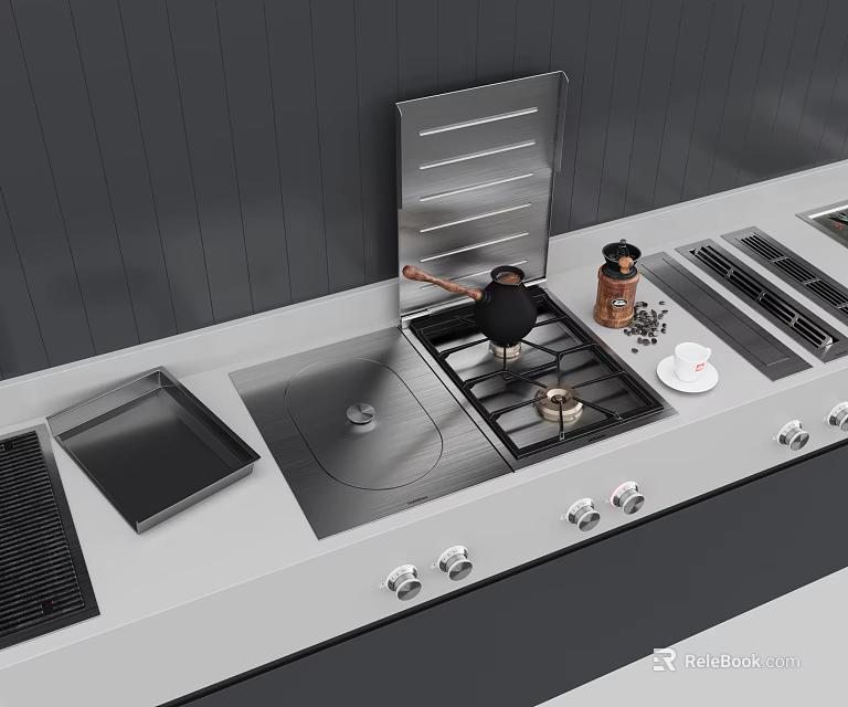 Modern Kitchen Cookware Display With Stainless Steel Stove Pot Baking Tray And Control Knobs 3d model