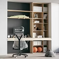 Modern Home Office Desk With Bookshelf Books Decorative Figurines And Mesh Office Chair