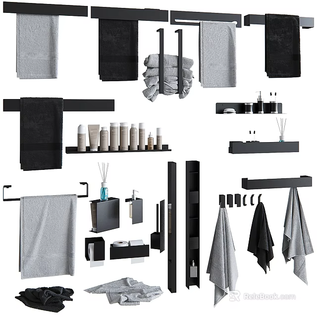 Modern Bathroom Accessories with Towel Racks Shelves and Toiletries in Black Gray 3d model 