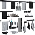 Modern Bathroom Accessories with Towel Racks Shelves and Toiletries in Black Gray