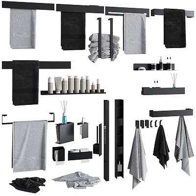 Modern Bathroom Accessories with Towel Racks Shelves and Toiletries in Black Gray 3d model