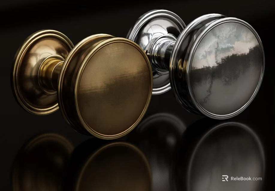 Gold And Silver Metallic Door Knobs Round Reflective Surface With Shiny Finish On Black Background 3d model 