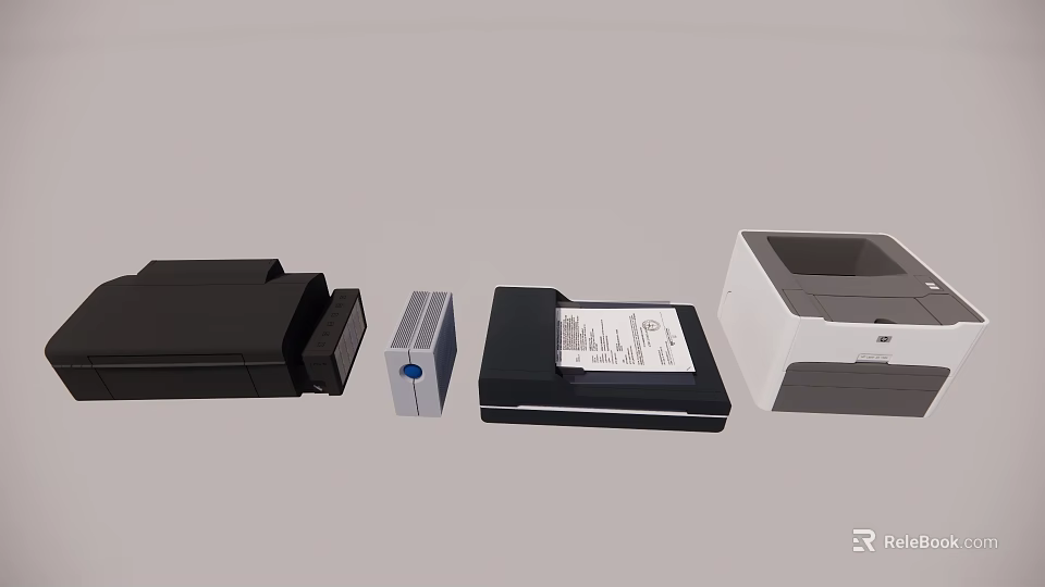 Modern Office Electronic Devices With Multifunctional Printers Scanners And Black White Design 3d model 