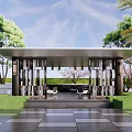 Serene Garden Landscape With Green Lawn Cherry Blossom Tree Water Pond And Paved Seating Area