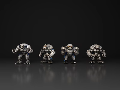 Four Muscular Game Movie Characters In Metal Armor With Different Poses 3d model