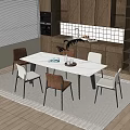 Modern Dining Table Set With White Table Top Chairs Plant And Kitchen Cabinets 3d model