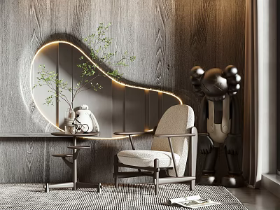 Stylish Accent Chair In Modern Interior With Wooden Wall Curved LED Light And Green Plant 3d model