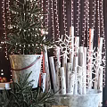 Festive Decorative Ornament Arrangement With Christmas Tree Snowflakes Light Strings Wooden Sticks And Buckets
