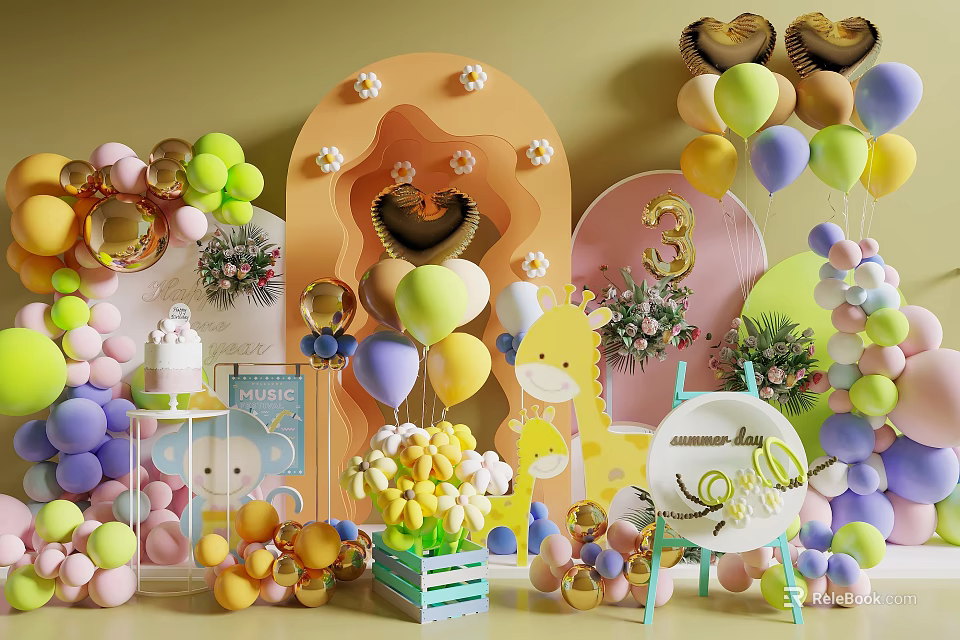 Colorful Balloons for Sweet First Birthday Party with Decorative Arch Flower Bouquet and Cake 3d model 