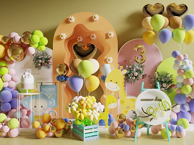 Colorful Balloons for Sweet First Birthday Party with Decorative Arch Flower Bouquet and Cake 3d model
