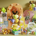 Colorful Balloons for Sweet First Birthday Party with Decorative Arch Flower Bouquet and Cake