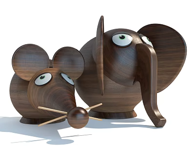 Handcrafted Wooden Mouse And Elephant Dolls With Walnut Wood And Green Eyes 3d model