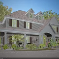Single Family House With Gray Roof White Siding Shutter Windows Porch Columns And Greenery