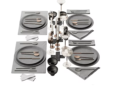 Elegant Modern Dinnerware Set with Plates Cutlery Wine Glasses and Placemats 3d model