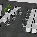 Modern Office Desk Setup With Dividers Ergonomic Chairs Computers And Green Plants