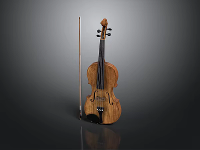 Polished Wooden Violin With Bow On Dark Reflective Background 3d model