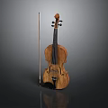 Polished Wooden Violin With Bow On Dark Reflective Background