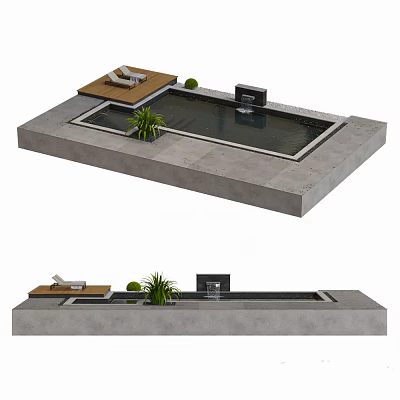 Outdoor Pool Lounge Area With Wooden Deck Sun Loungers Green Plants And Screen 3d model