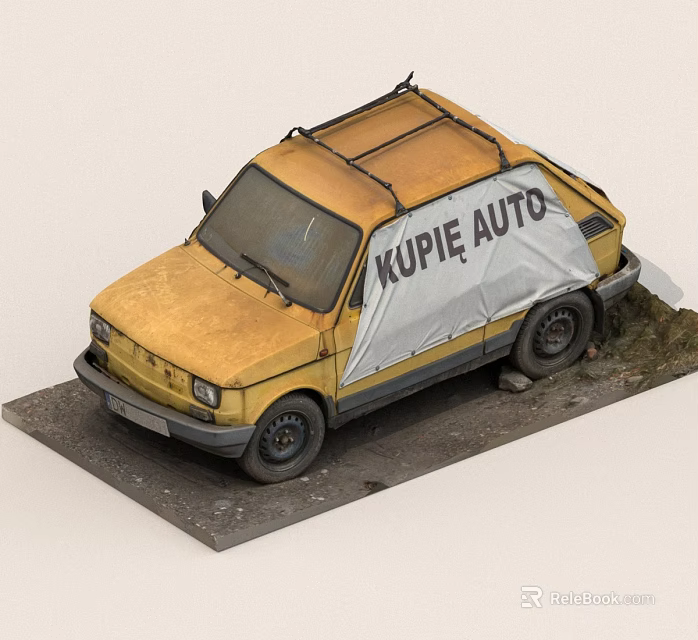 Old Yellow Car With KUPĘ AUTO Sign On White Cover Parked In Rustic Gravel Setting 3d model 