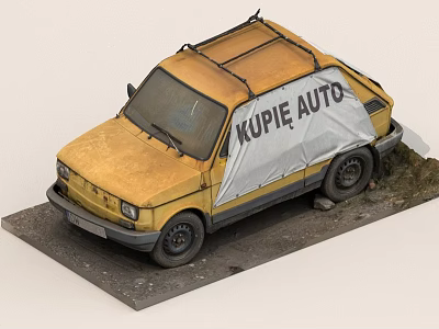 Old Yellow Car With KUPĘ AUTO Sign On White Cover Parked In Rustic Gravel Setting 3d model