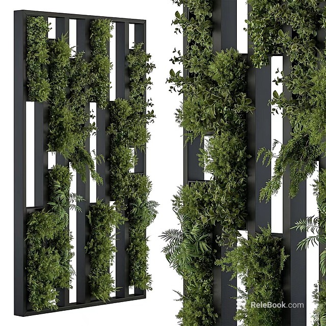 Lush Green Living Wall With Vertical Plants On Black Frames 3d model 