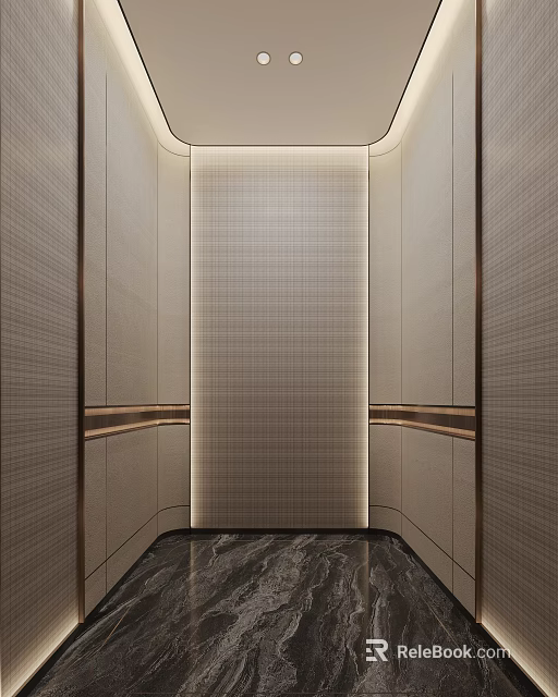 Modern Elevator Lobby With Beige Textured Walls Wooden Trim Marble Flooring And Recessed Lighting 3d model 
