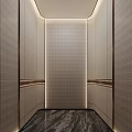 Modern Elevator Lobby With Beige Textured Walls Wooden Trim Marble Flooring And Recessed Lighting