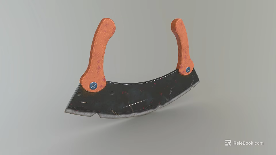 Household Cutting Tool With Orange Wooden Handles And Curved Metal Blade 3d model 