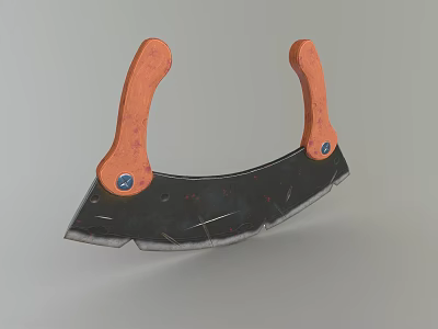 Household Cutting Tool With Orange Wooden Handles And Curved Metal Blade 3d model