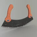 Household Cutting Tool With Orange Wooden Handles And Curved Metal Blade