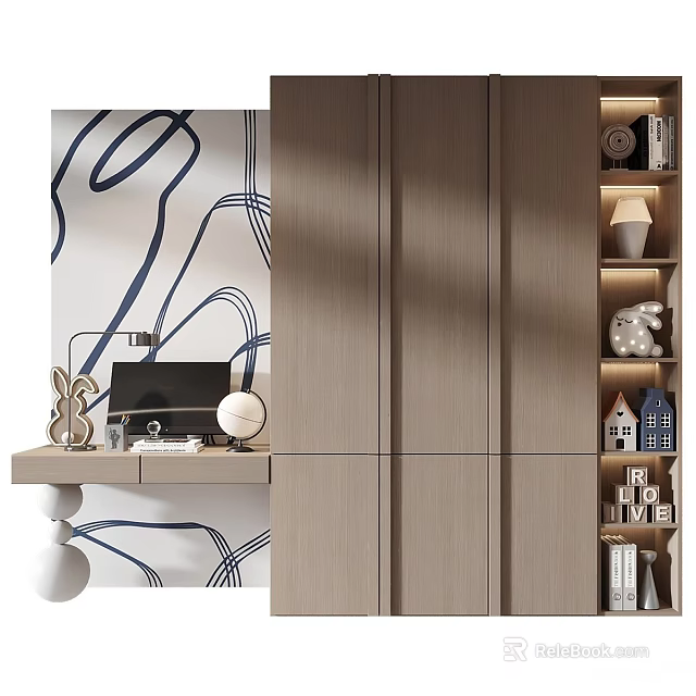 Modern Desk Area With Computer Lamp Decorations Layered Shelves And Abstract Line Wall 3d model 