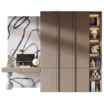 Modern Desk Area With Computer Lamp Decorations Layered Shelves And Abstract Line Wall 3d model