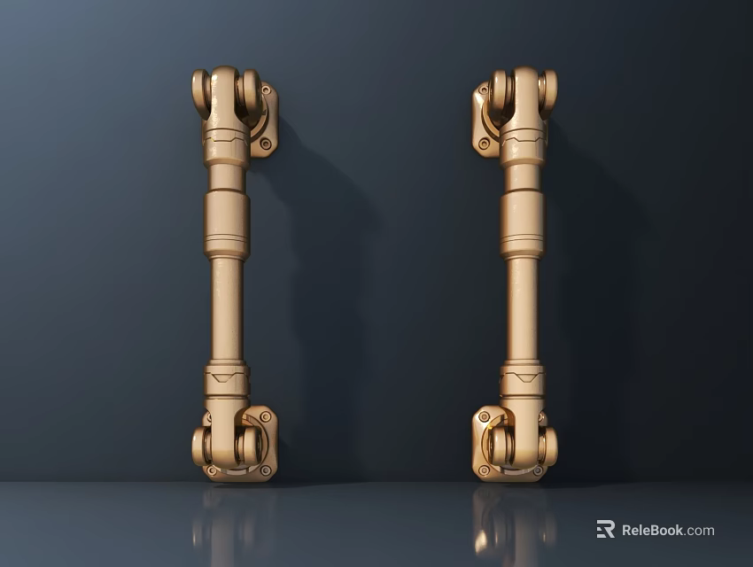 Golden Universal Joints Shiny Metallic Mechanical Components On Dark Reflective Surface 3d model