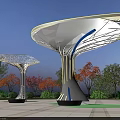 Illuminated Mushroom Shaped Pergolas With Hollowed Out Design Among Trees In Evening Square