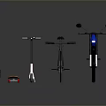Blue Bicycle With Black Scooter And Sports Sneakers On Gray Background