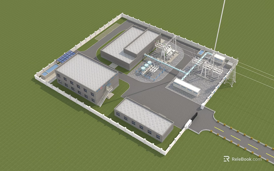 Industrial Factory Layout With Multiple Buildings Roads Power Transmission Towers Parking Area And Green Lawn 3d model 