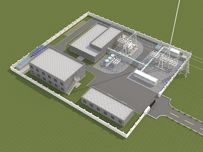 Industrial Factory Layout With Multiple Buildings Roads Power Transmission Towers Parking Area And Green Lawn 3d model