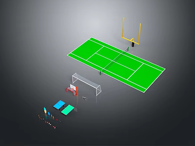 Green Sports Field Layout With Goalpost Basketball Hoop And Various Sports Equipment 3d model