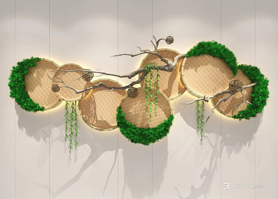 Modern Wall Decor Featuring Circular Woven Elements Green Plants Branches And Vines 3d model 