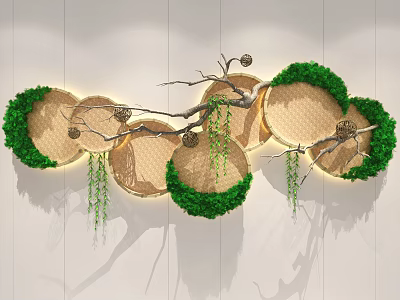 Modern Wall Decor Featuring Circular Woven Elements Green Plants Branches And Vines 3d model