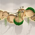 Modern Wall Decor Featuring Circular Woven Elements Green Plants Branches And Vines 3d model