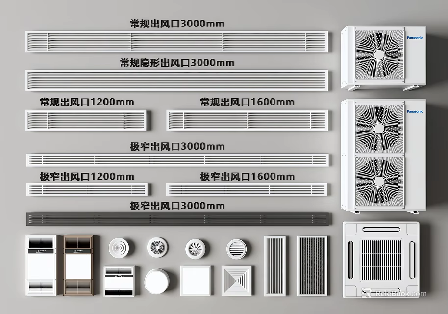 Different Types of Air Conditioner Air Outlets Including Framed Regular and Linear with Various Sizes 3d model 