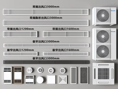 Different Types of Air Conditioner Air Outlets Including Framed Regular and Linear with Various Sizes 3d model