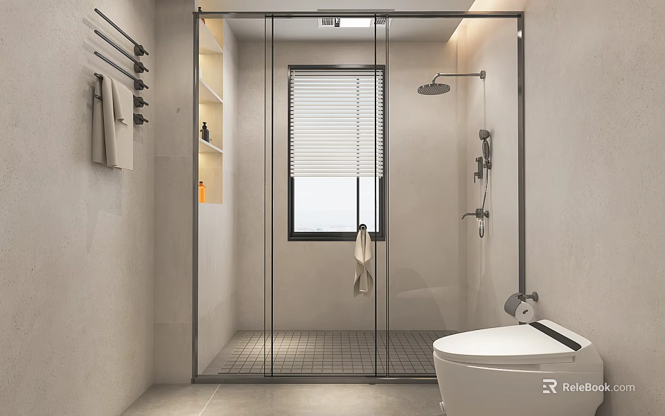 Modern Bathroom With Glass Shower Smart Toilet Shelves And Window Blinds 3d model 